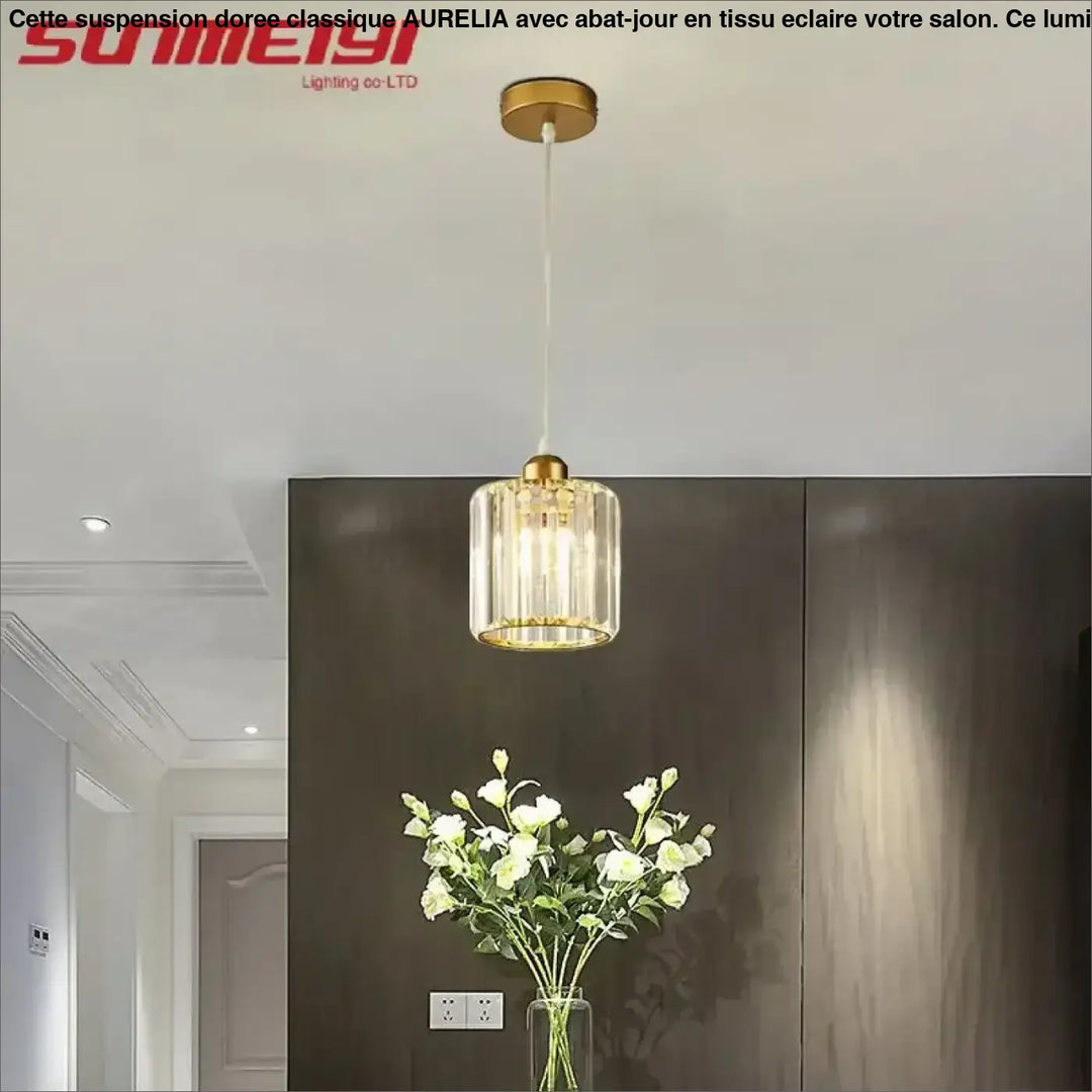 Suspension luminaire cristal doré et noir cylindrique élégant


