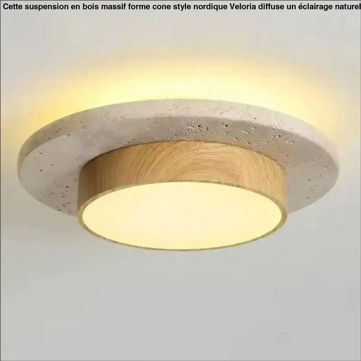 Suspension en bois massif forme cone style nordique avec anneau extérieur en béton texturé et liseré bois naturel