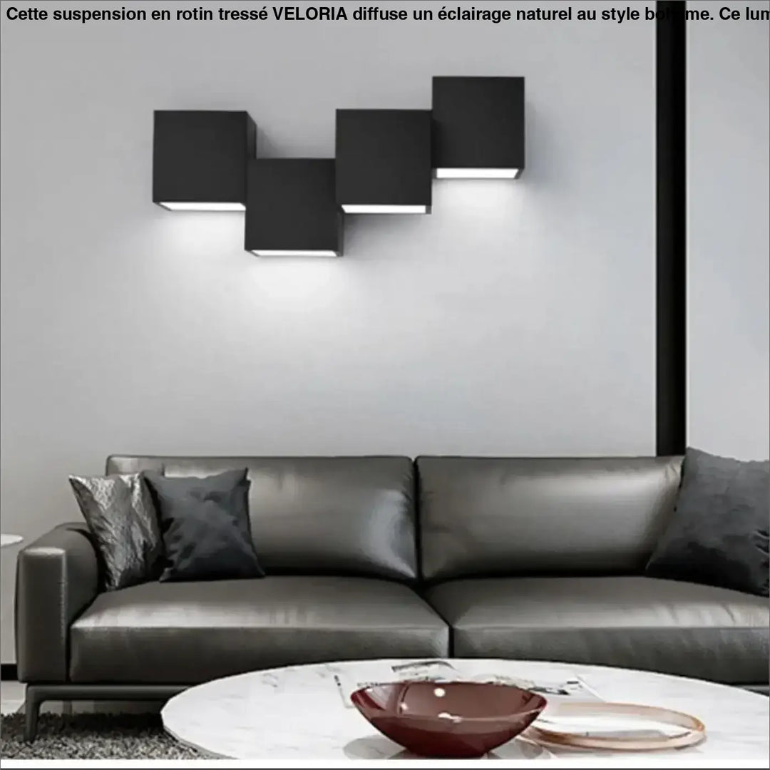 Applique murale kubora en cubes noirs modernes avec effet lumineux intégré et design carrés flottants