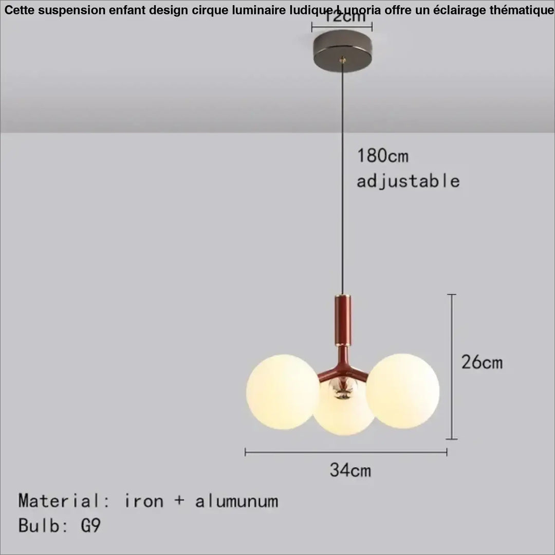 Suspension enfant design cirque luminaire ludique avec trois sphères en verre dépoli suspendues sur cadre en fer et aluminium