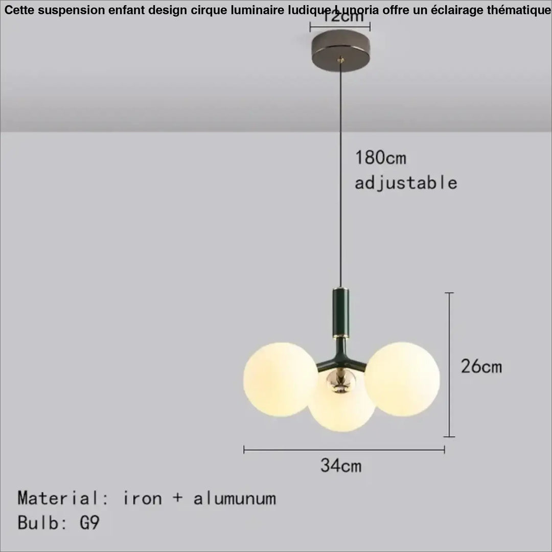 Suspension enfant design cirque avec trois globes en verre dépoli et cadre noir mat en fer-aluminium moderne