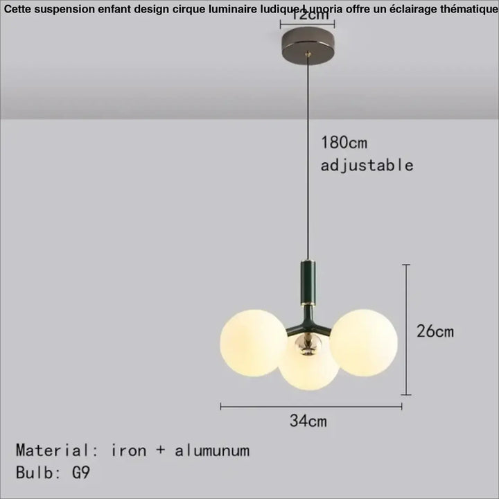 Suspension enfant design cirque avec trois globes en verre dépoli et cadre noir mat en fer-aluminium moderne