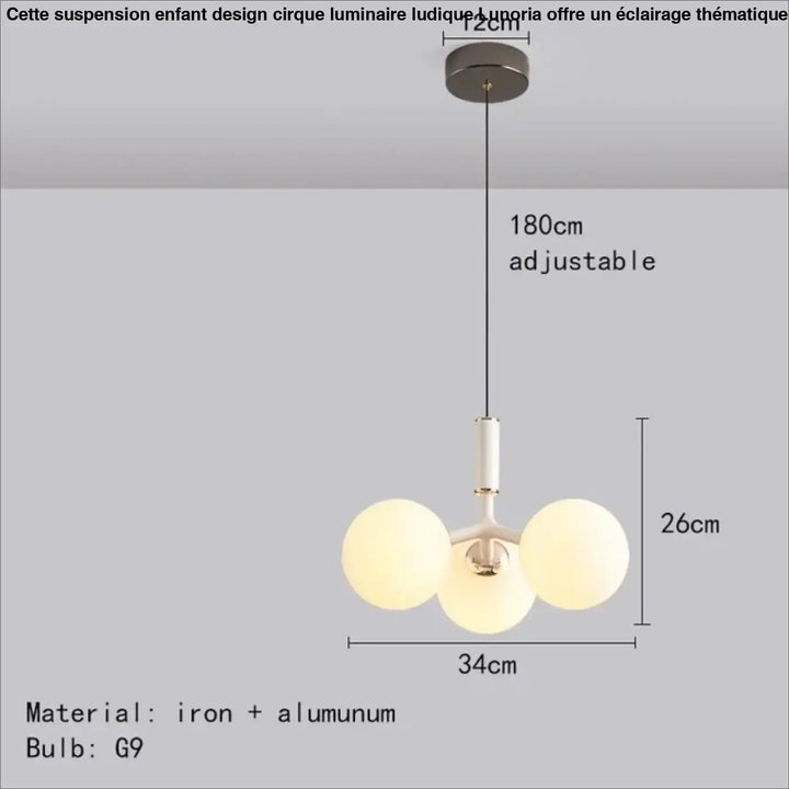 Suspension enfant design cirque luminaire ludique avec trois abat-jours en verre dépoli et cadre en fer-aluminium élégant