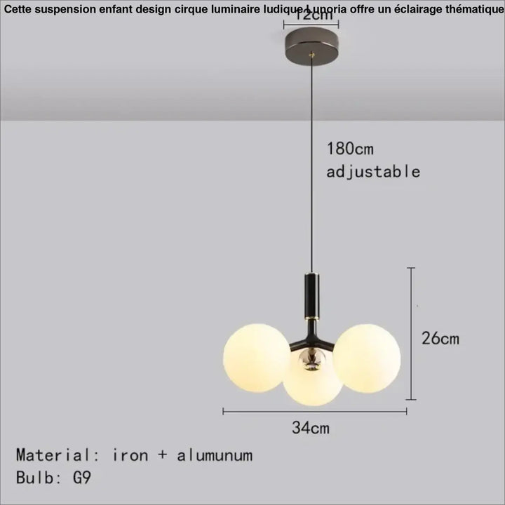 Suspension enfant design cirque luminaire ludique lunoria avec trois ampoules sphères en verre dépoli cadre noir en fer et aluminium