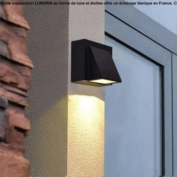 Black rectangular outdoor wall sconce suspension feerique lune lumineuse avec petites etoiles with warm led lighting au-dessus d’une table