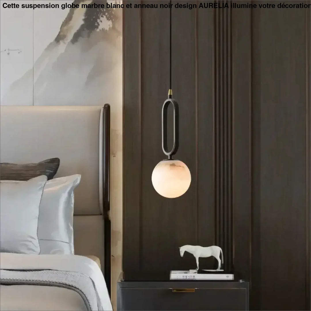 Suspension Globe Marbre Blanc et Anneau Noir Design Moderne Élégant