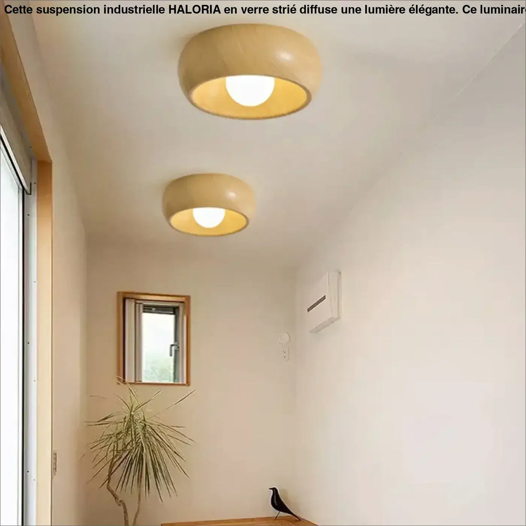Luminaire plafonnier ceily avec deux éclairages circulaires en bois naturel à finition bois naturel diffusant une lumière chaude
