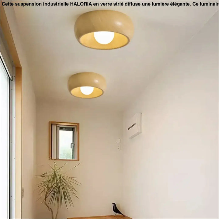 Luminaire plafonnier ceily avec deux éclairages circulaires en bois naturel à finition bois naturel diffusant une lumière chaude