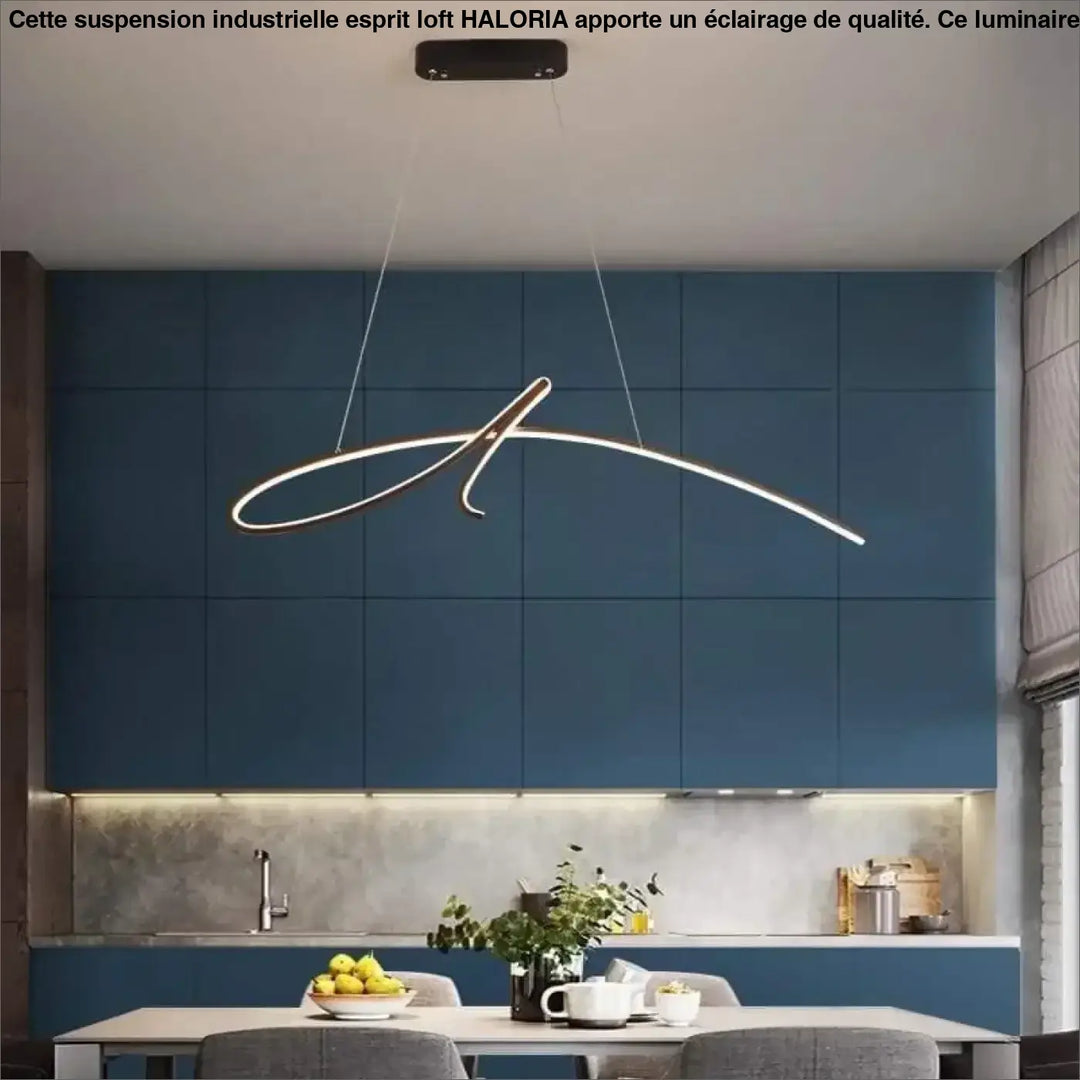 Suspension industrielle esprit loft avec chandelier led moderne minimaliste design courbe et lumière blanche chaude