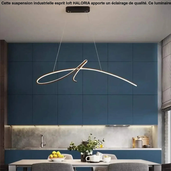 Suspension industrielle esprit loft avec chandelier led moderne minimaliste design courbe et lumière blanche chaude