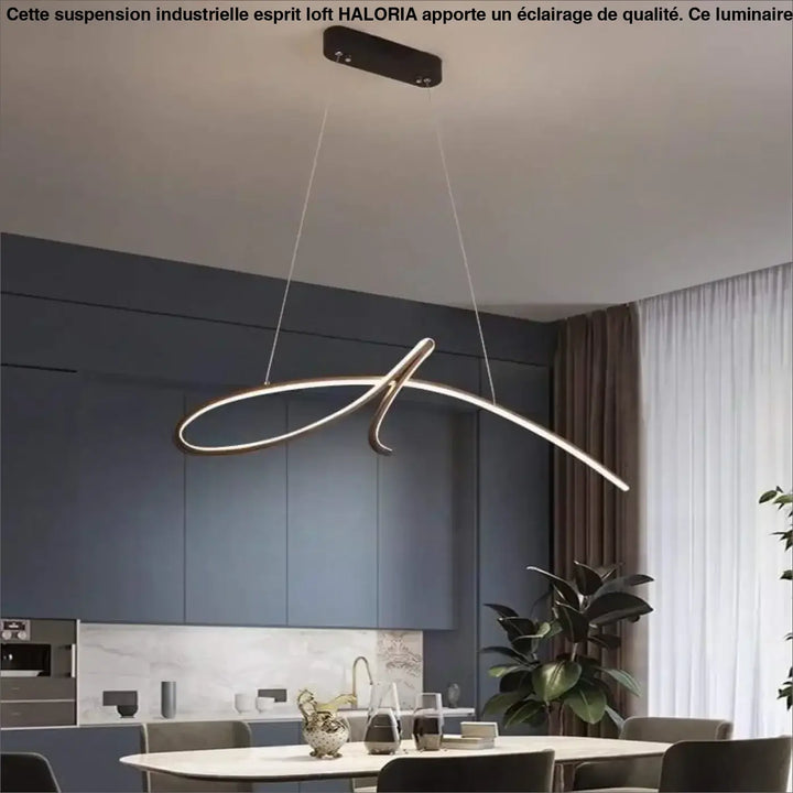 Suspension industrielle esprit loft avec led courbes minimaliste en blanc chaud suspendue à une base noire
