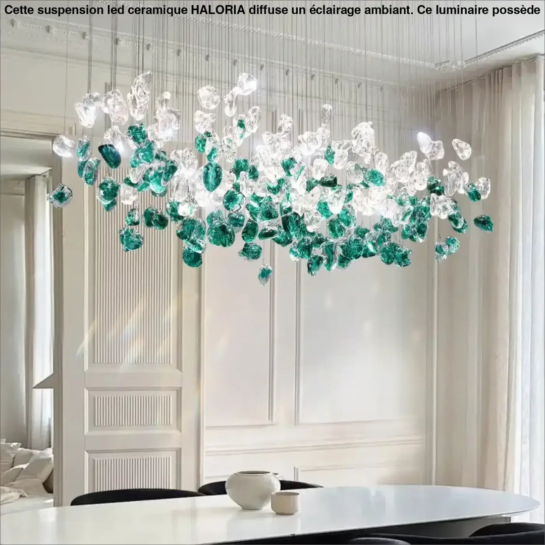 Suspension luminaire en cristal vert et transparent au style raffiné