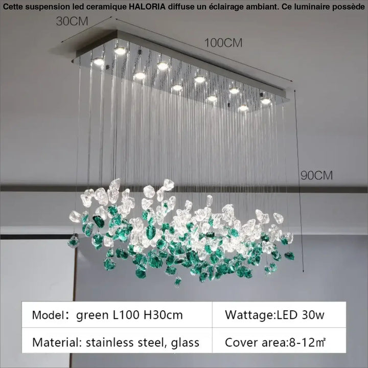Suspension luminaire en cristal vert et transparent au style raffiné
