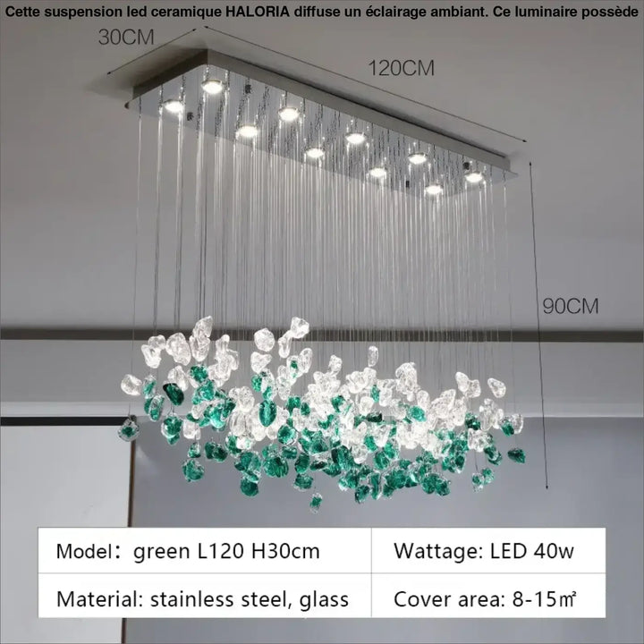 Suspension luminaire en cristal vert et transparent au style raffiné