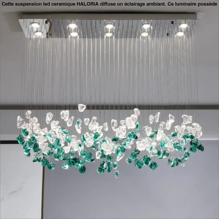 Suspension luminaire en cristal vert et transparent au style raffiné