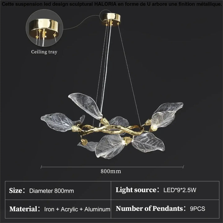 Suspension moderne feuilles verre et métal doré élégant
