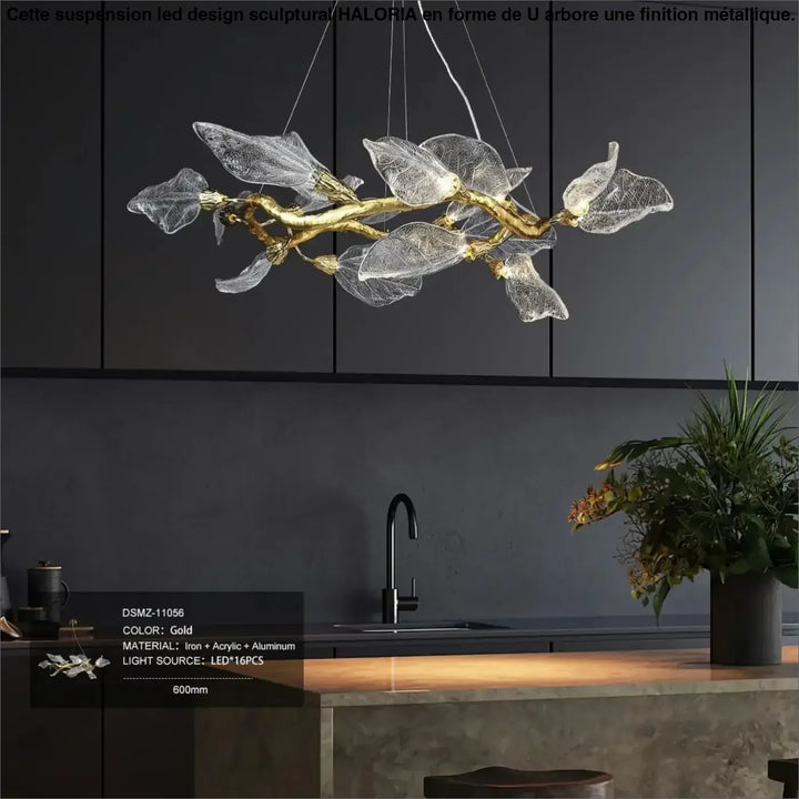 Suspension moderne feuilles verre et métal doré élégant