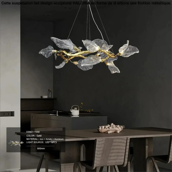 Suspension moderne feuilles verre et métal doré élégant