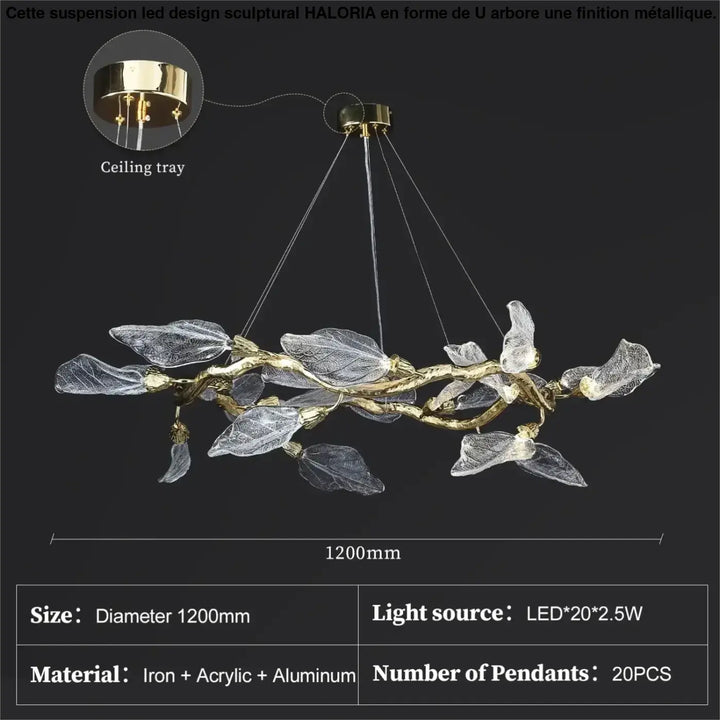 Suspension moderne feuilles verre et métal doré élégant