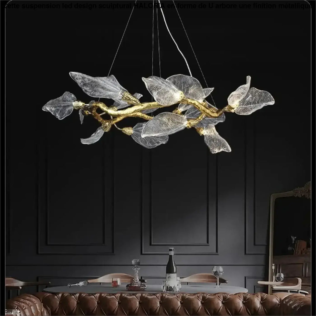 Suspension moderne feuilles verre et métal doré élégant