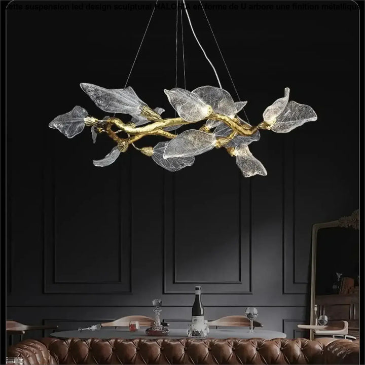 Suspension moderne feuilles verre et métal doré élégant