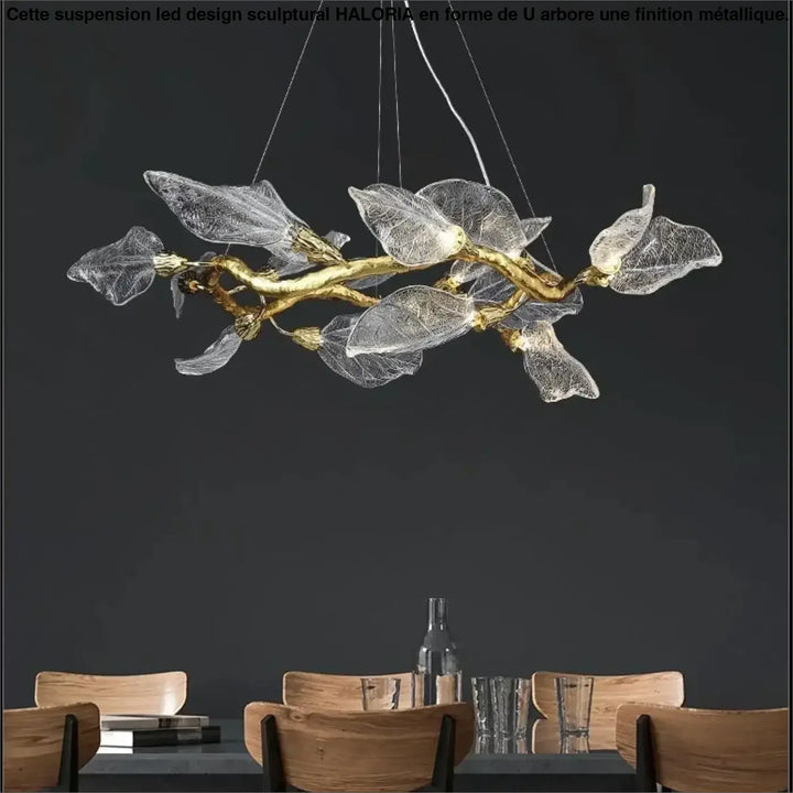 Suspension moderne feuilles verre et métal doré élégant