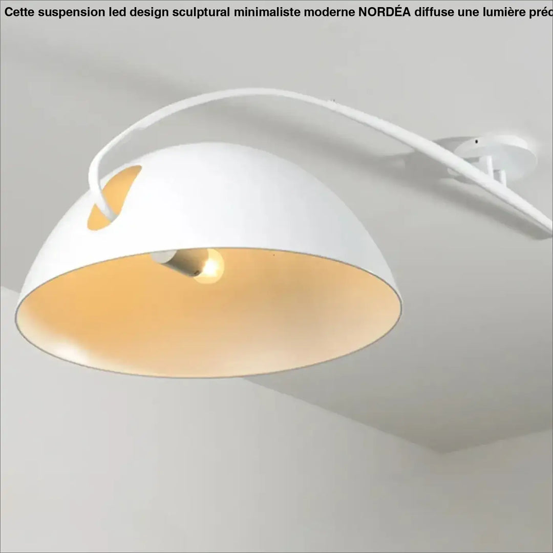 Suspension led design sculptural white dome ceiling light with gold interior and curved arm design sculptural minimaliste by nordéa