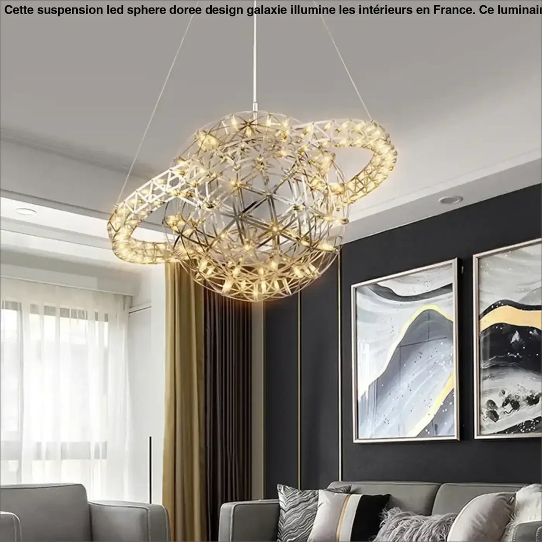 Suspension LED sphère dorée design galaxie style contemporain

