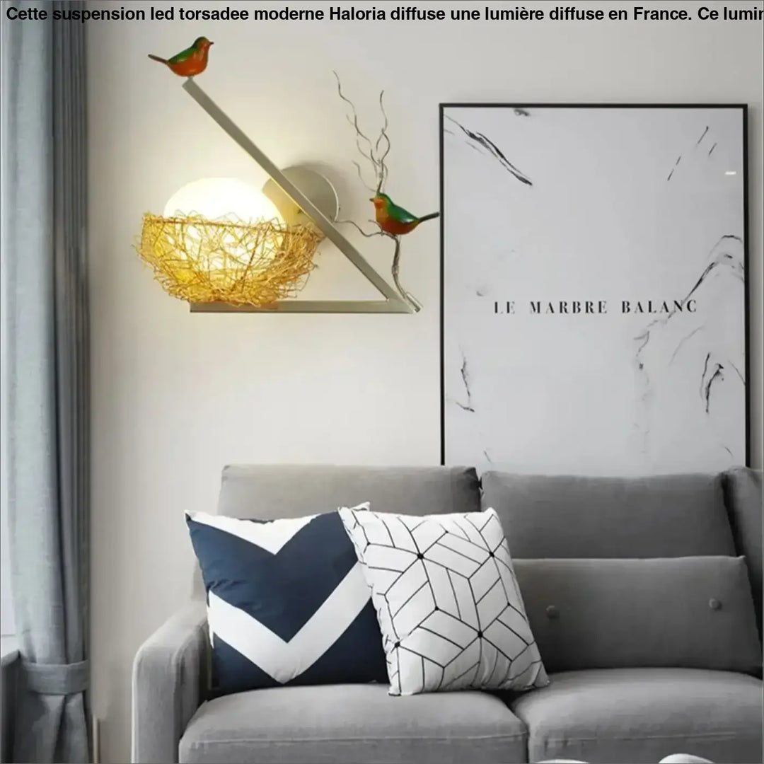 Applique Murale Nid Doré Avec Oiseaux Et Boule Lumineuse