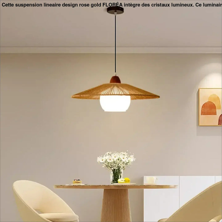 Suspension luminaire en rotin avec abat-jour blanc au style naturel