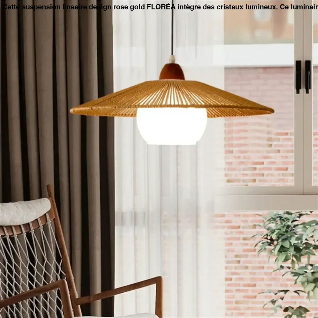 Suspension luminaire en rotin avec abat-jour blanc au style naturel