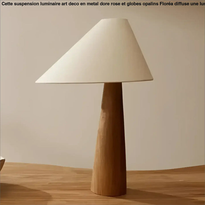 Lampe de table chenii avec base en bois effilée et abat-jour conique off-white pour un style naturel minimaliste