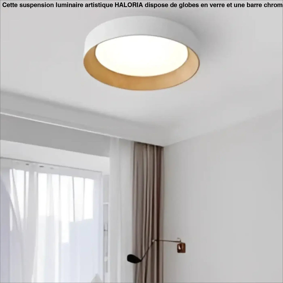 Luminaire plafonnier moderne blanc avec anneau en bois rond pour un éclairage élégant et contemporain