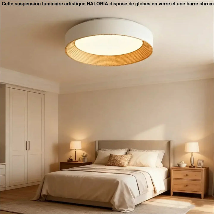 Luminaire plafonnier moderne rond avec anneau blanc et bord naturel en bambou tressé luminaire plafonnier