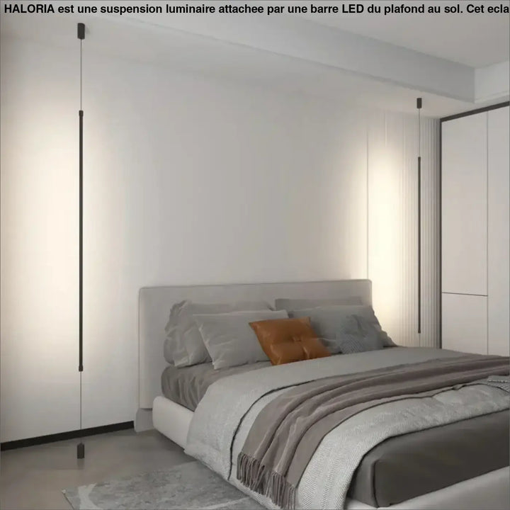 Suspension luminaire attachée au plafond au sol par une barre LED


