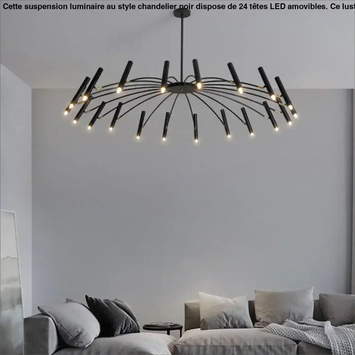 Suspension luminaire au style chandelier noir à 24 têtes LED amovibles

