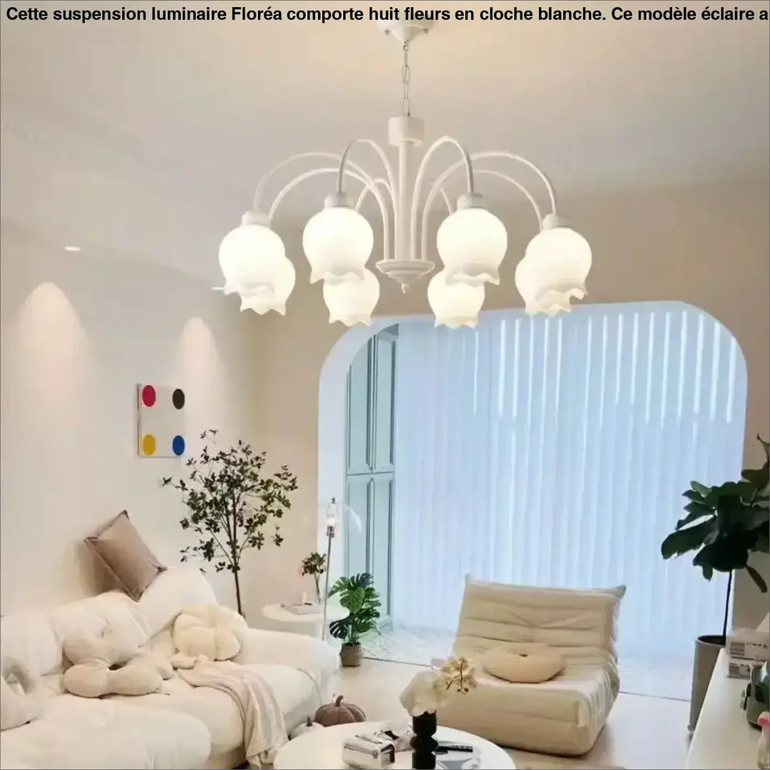 Suspension Luminaire Avec 8 Fleurs En Cloche Blanche Pour Salon