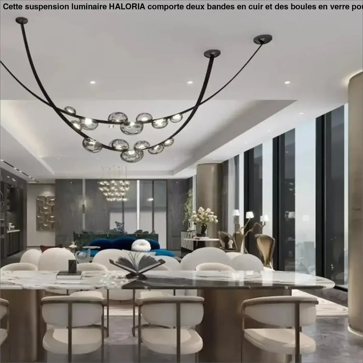 Suspension luminaire avec deux bandes en cuir et plusieurs boules

