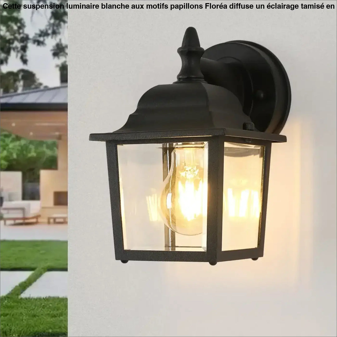 Luminaire extérieur héris lanterne traditionnelle en fer forgé noir avec verre clair et ampoule filament lumineuse