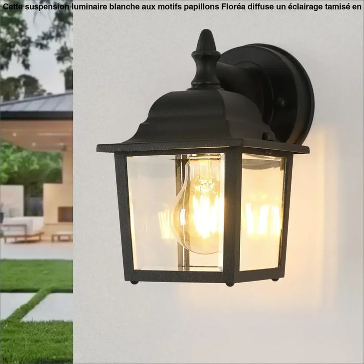 Luminaire extérieur héris lanterne traditionnelle en fer forgé noir avec verre clair et ampoule filament lumineuse