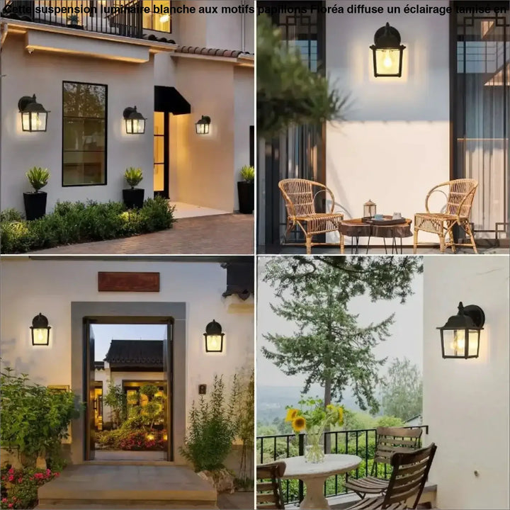 Luminaire extérieur héris en fer forgé noir avec lanterne traditionnelle à verre clair pour un éclairage mural élégant
