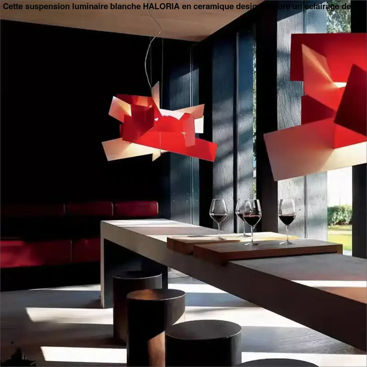 Suspension luminaire moderne design géométrique rouge ou blanc

