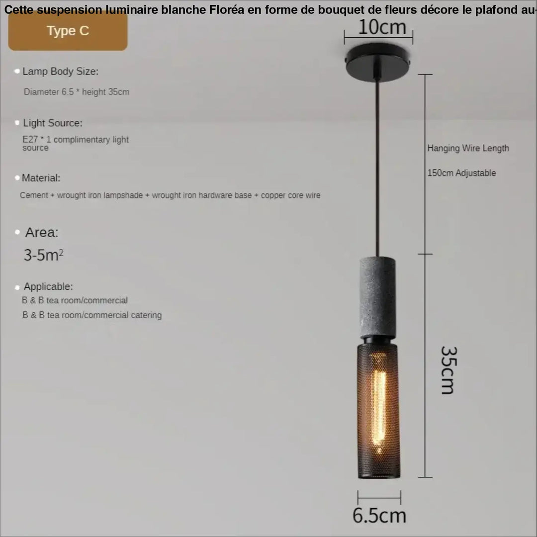 Suspension luminaire blanche industrielle avec abat-jour en ciment texturé et fer forgé, câble cuivre et douille e27