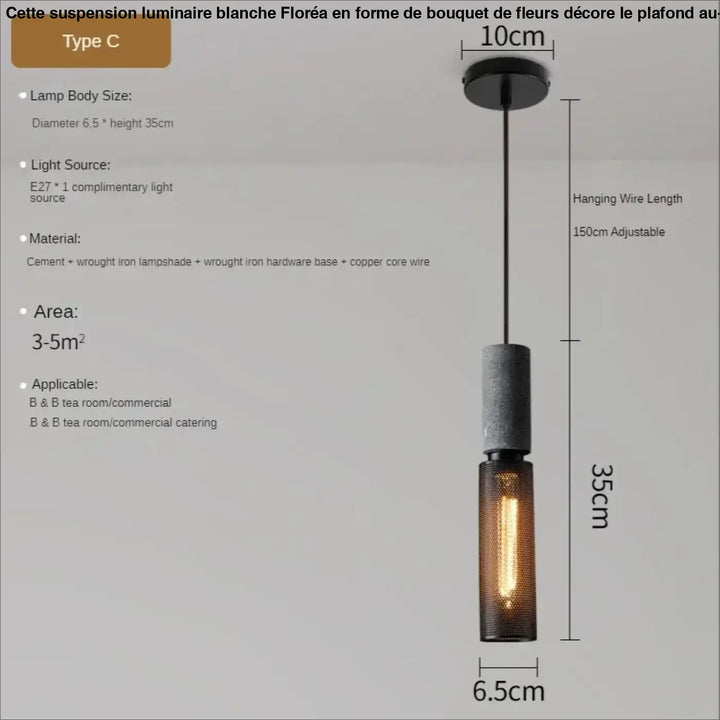 Suspension luminaire blanche industrielle avec abat-jour en ciment texturé et fer forgé, câble cuivre et douille e27