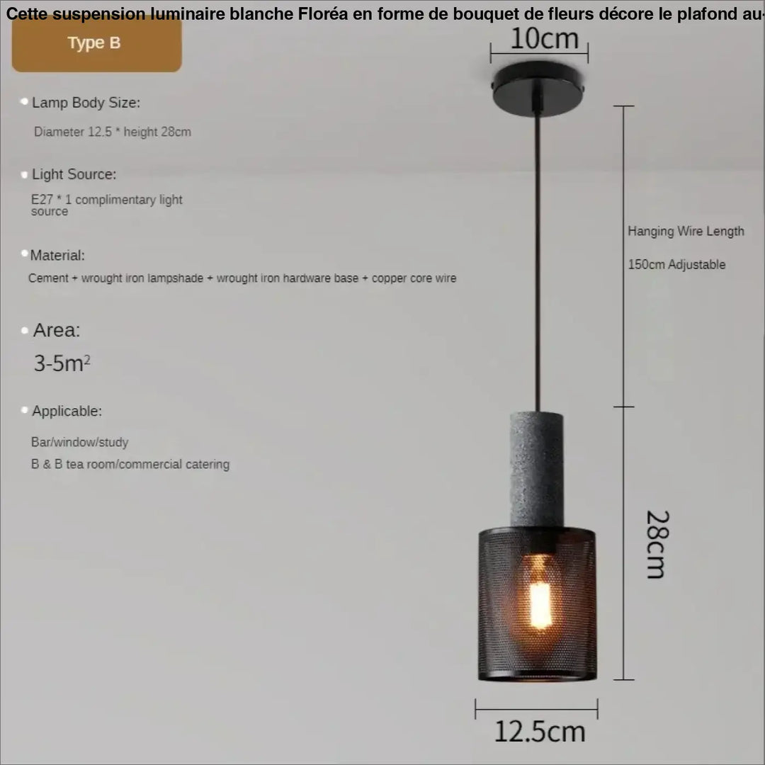 Suspension luminaire blanche forme bouquet de fleurs avec abat-jour cylindrique ciment et fer forgé noir cuivre
