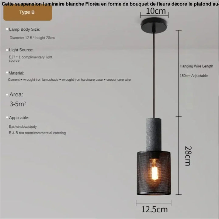 Suspension luminaire blanche forme bouquet de fleurs avec abat-jour cylindrique ciment et fer forgé noir cuivre