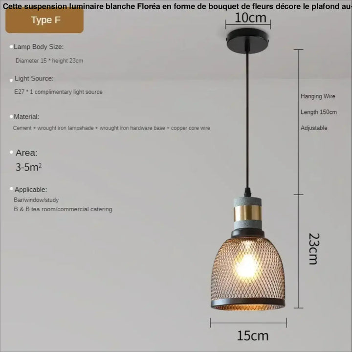 Suspension luminaire blanche floréa style industriel avec abat-jour en maille, corps en ciment et fer forgé, câble noir