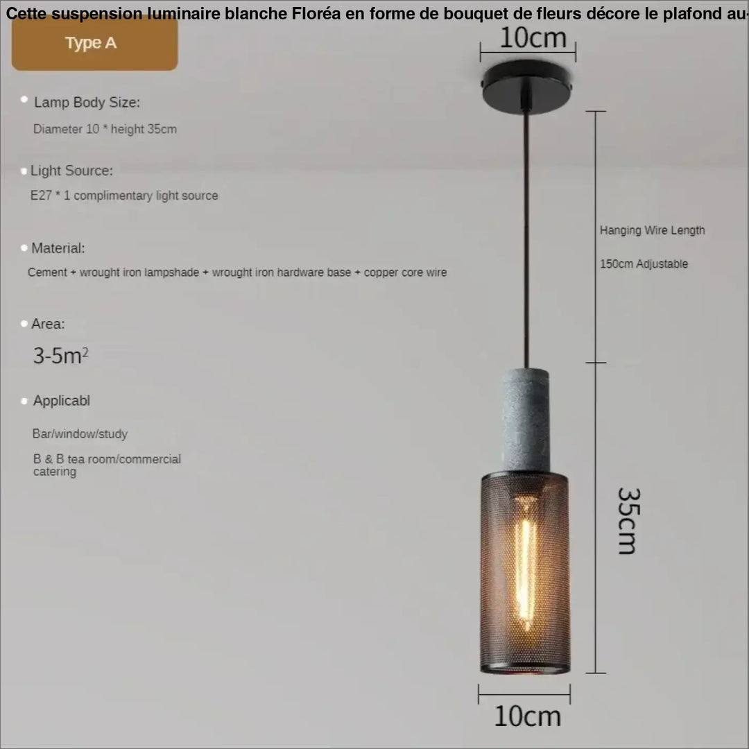 Suspension luminaire blanche industrielle avec abat-jour cylindrique en ciment et fer forgé pour éclairage décoratif