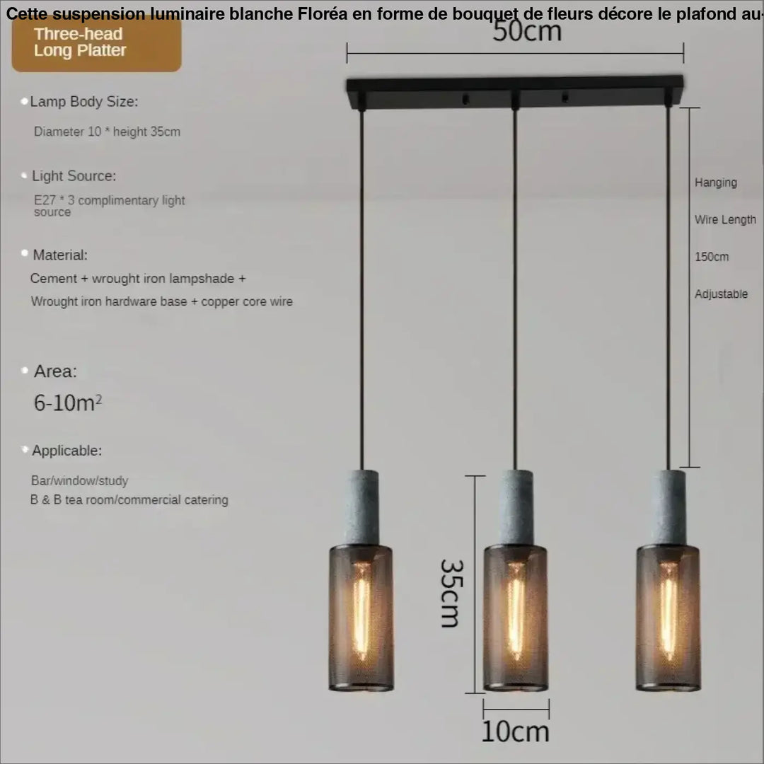 Suspension luminaire blanche floréa avec base en fer forgé noir, abat-jours en béton et cylindres en verre ambré