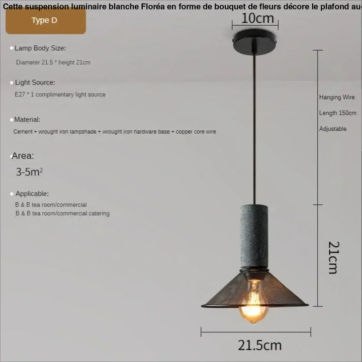 Suspension luminaire blanche en forme de bouquet de fleurs avec abat-jour en ciment texturé et fer forgé, fil cuivre exposé